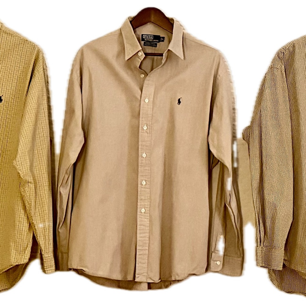 Bundle of 3 Men’s XL (2 Ralph Lauren and 1 Polo) Tan Button Down Shirts.